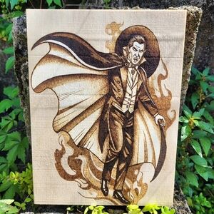 Hand Wood Burned Dracula Wall Hanging. Horror. Gothic. Vampire. Pyrography.